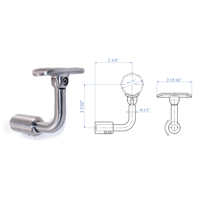 Handrail Support for Lateral Fastening, Pivotable, for 1-2/3" dia. Tubing, 316 Satin Stainless Steel