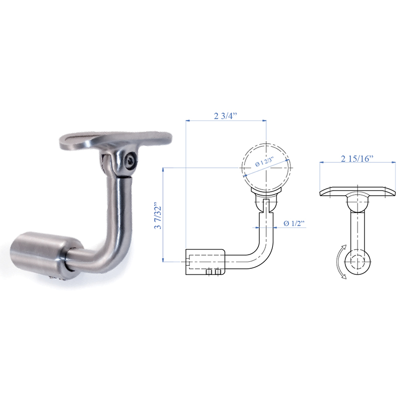 Handrail Support for Flat Post Mount, Lateral Fastening, Pivotable, for 1-2/3" dia. Tubing, 316 Satin Stainless Steel