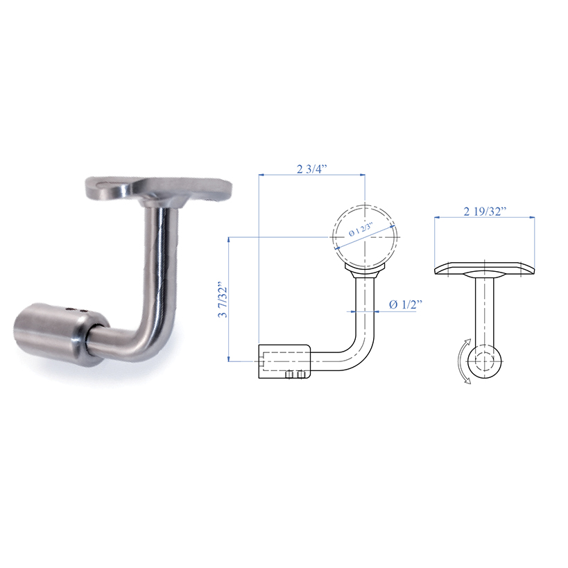 Handrail Support for Lateral Fastening, Rigid, for 1-2/3" dia. Tubing, 316 Satin Stainless Steel