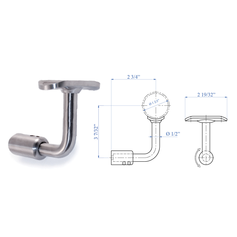 Handrail Support for Flat Post Mount, Lateral Fastening, Rigid, for 1-2/3" dia. Tubing, 316 Satin Stainless Steel