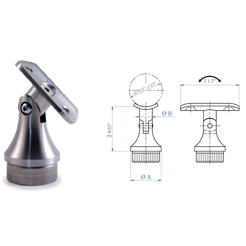 Stainless Steel Handrail Support 2-9/32" x 3/4" diameter, Pivotable