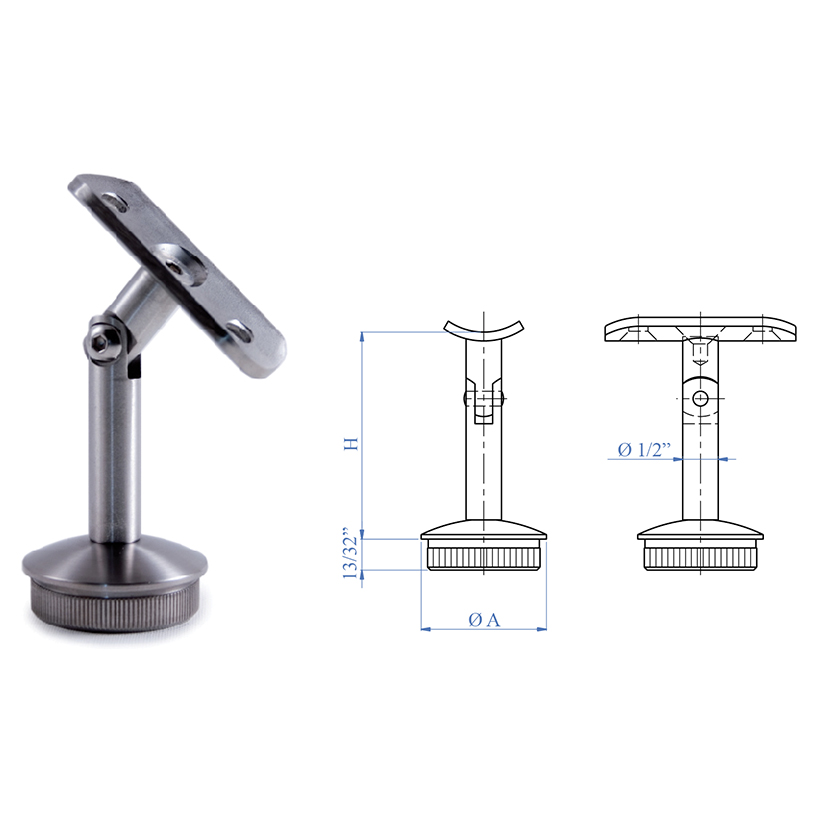 Stainless Steel Handrail Support 2-61/64" x 1/2" diameter, Pivotable