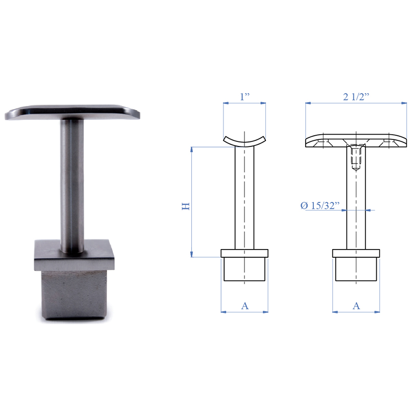 Stainless Steel Handrail Support 2-61/64" high, Rigid, for 1-2/3" dia. tube 