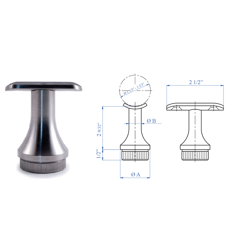 Stainless Steel Handrail Support 2-9/32" x 3/4" diameter, Rigid