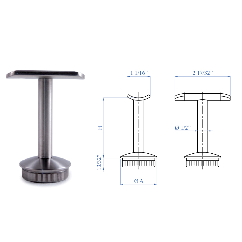 Stainless Steel Handrail Support 2-61/64" x 1/2" diameter, Rigid
