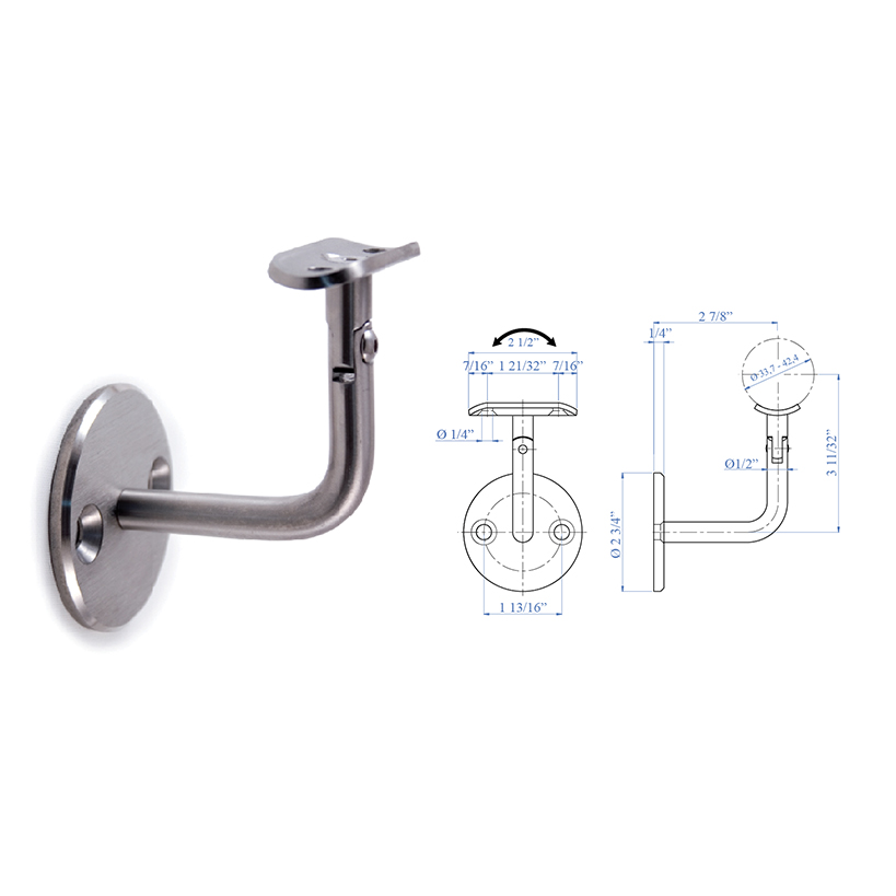 Stainless Steel Handrail Support 2-61/64" x 2-61/64", 1/2" diameter, with Pivotable Rigid Mounting