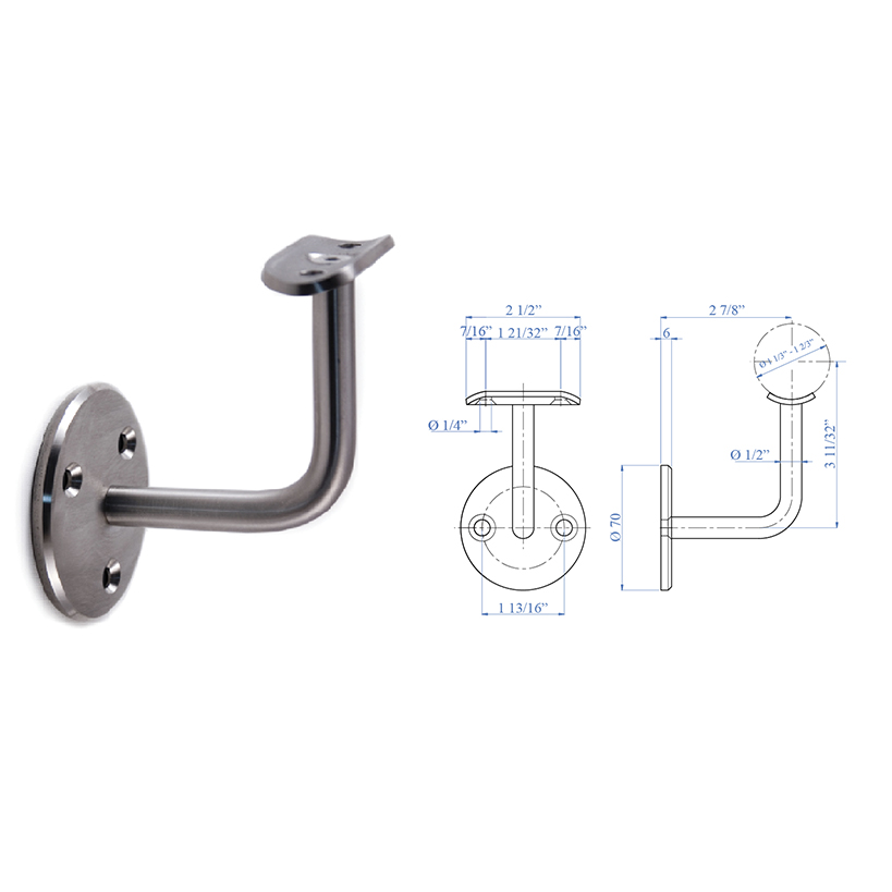 Stainless Steel Handrail Support 2-61/64" x 2-61/64", 1/2" diameter, with Rigid Mounting Plate