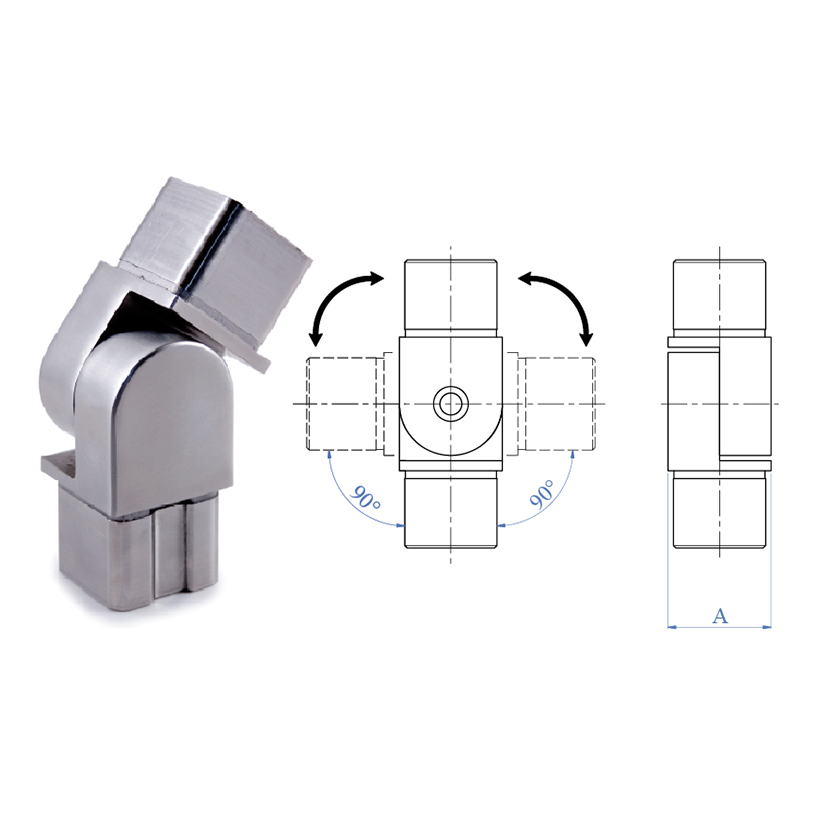 Pivotable Connector Fitting for Square Tubing, 316 Satin Stainless Steel