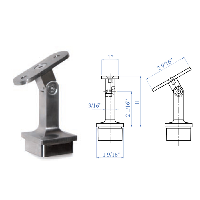 Stainless Steel Handrail Support 2-61/64" high, Pivotable, for Flat or Round Handrail