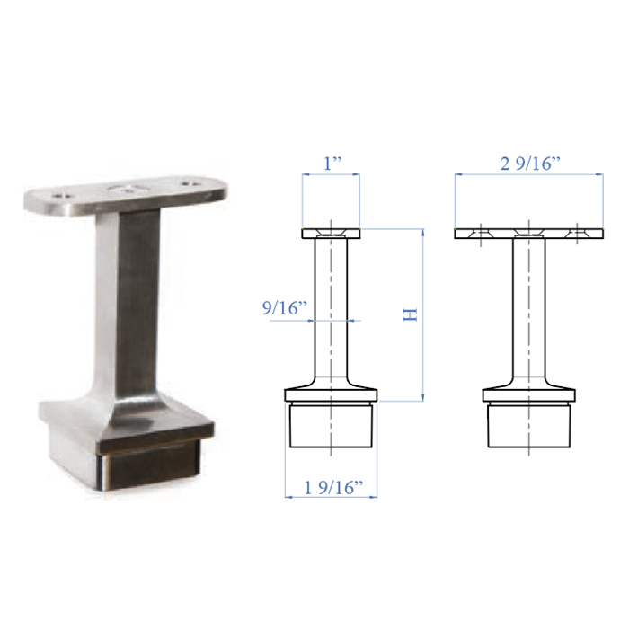 Stainless Steel Handrail Support 2-61/64" high, Rigid, for Flat or Round Handrail