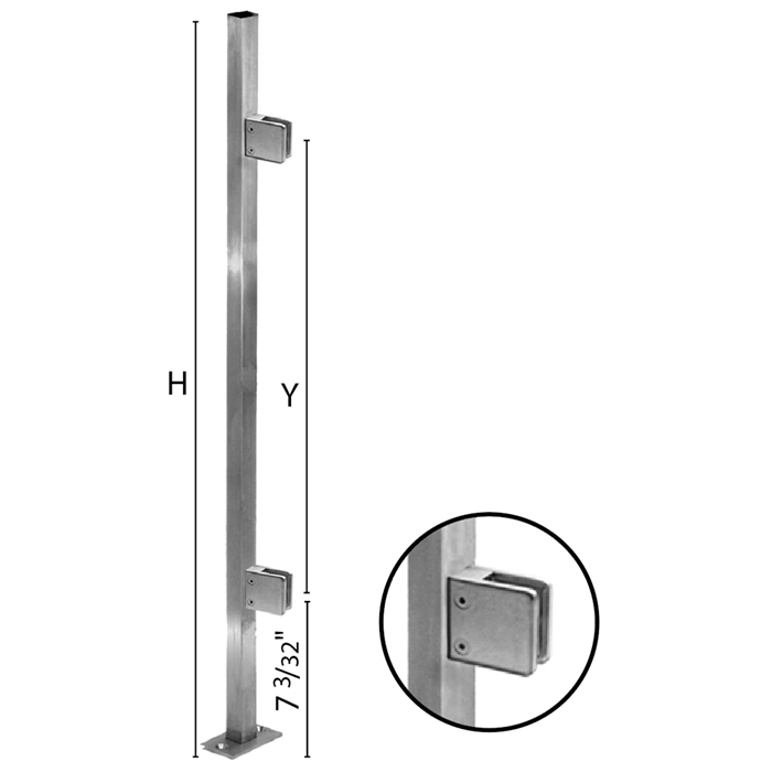 Stainless Steel Square Newel End Post with Glass Clamps for use with 1-9/16" x 1-9/16" x 5/64" Tubing